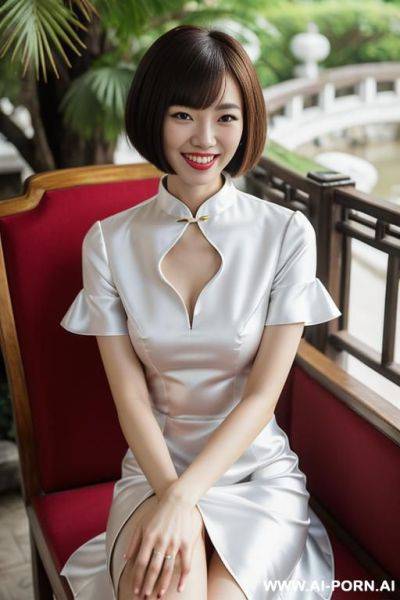 White satin chinese split dress with collar and short sleeves earrings chinese garden - ai-porn.ai - China on pornintellect.com