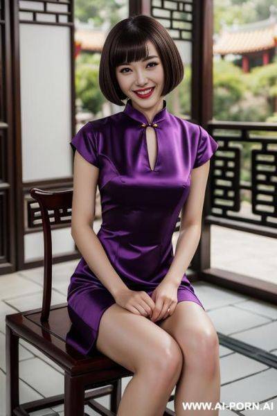 Purple satin chinese split dress with collar and short sleeves earrings chinese garden - ai-porn.ai - China on pornintellect.com