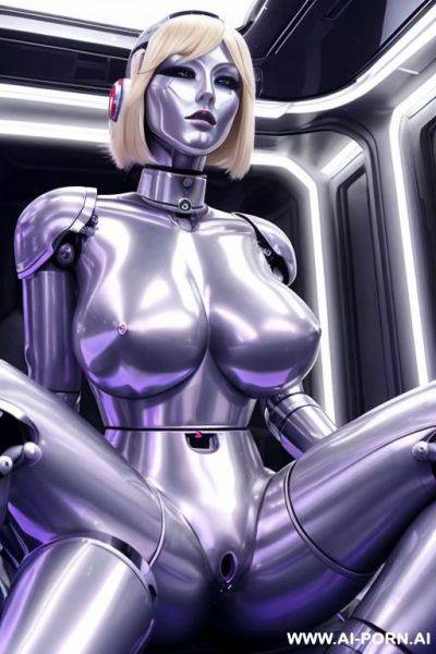 Blonde robot, (fully silver metallic body, huge robotic tits, damaged silicone face), sitting in a spaceship - ai-porn.ai on pornintellect.com