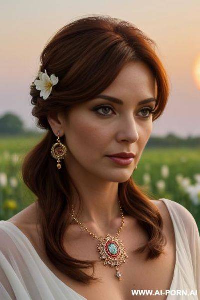 Mature, milf, perfect hourglass figure, eye contact, looking into camera, necklace, earrings, bracelets, wearing flowers, totally naked - ai-porn.ai on pornintellect.com