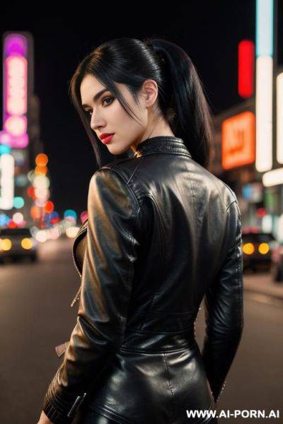 Leather jacket, city street at night , high ponytail , full body view from behind far away, neon city lights - ai-porn.ai on pornintellect.com