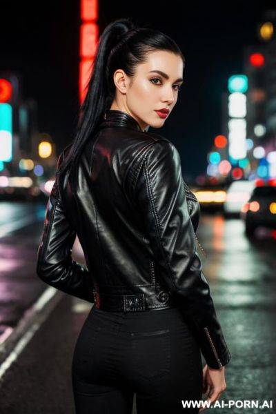 Leather jacket, city street at night , high ponytail , full body view from behind very far away, neon city lights - ai-porn.ai on pornintellect.com