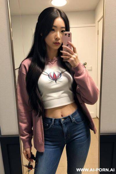 Woman, long hair, pink sweatshirt, jeans, narrow thighs, selfie photo in the mirror - ai-porn.ai on pornintellect.com
