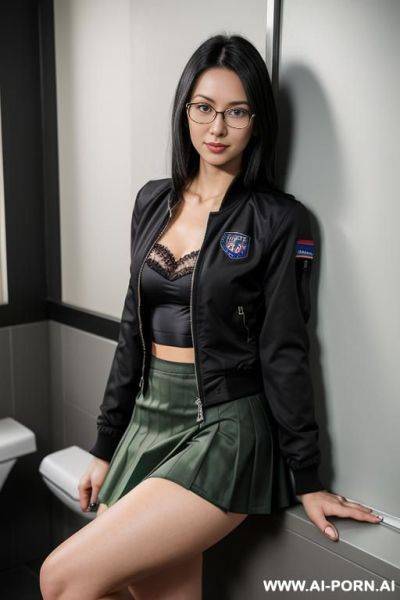 1 milf, fitness body, vascular, vascular arms, veiny arms, detail, looking at viewer, deep cut crop top, yoga pants, indoor, black hair, glasses, rubbing penis with oil. - ai-porn.ai on pornintellect.com