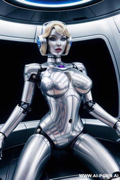 Blonde robot, (fully silver metallic body, huge robotic tits), spreading legs in a spaceship - ai-porn.ai on pornintellect.com