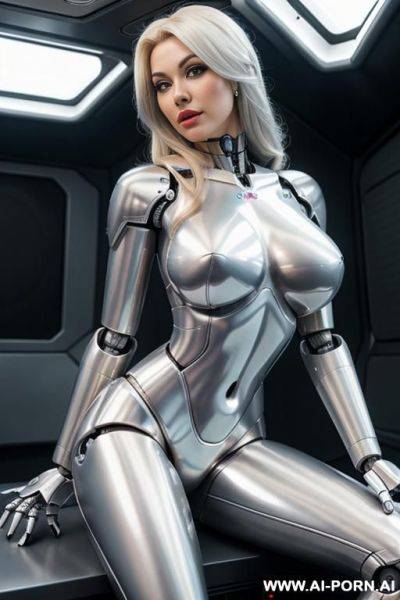 Blonde robot, (fully silver metallic body, huge robotic tits, silicone face), sitting in a spaceship - ai-porn.ai on pornintellect.com