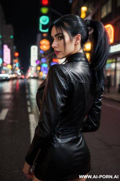 Leather jacket, city street at night , high ponytail , full body view from behind very far away, neon city lights, opening jacket and starting to take it off - ai-porn.ai on pornintellect.com