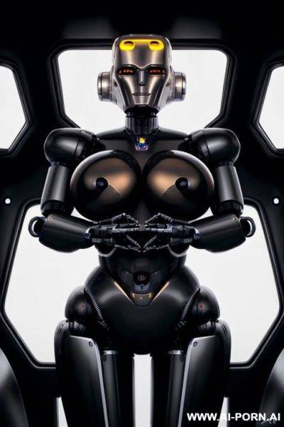 Blonde robot, (fully black metallic body, huge robotic tits:1.3), spreading legs in a spaceship - ai-porn.ai on pornintellect.com