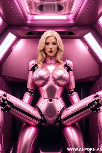 Blonde robot, (fully pink metallic body, huge robotic tits), spreading legs in a spaceship - ai-porn.ai on pornintellect.com