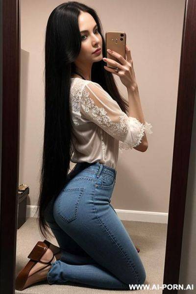 Woman long hair blouse lace jeans kneeling on knees view from the back selfie photo in the mirror - ai-porn.ai on pornintellect.com