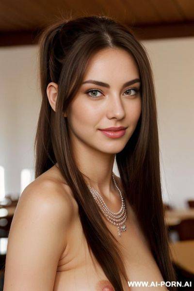 ((topless)), (eye contact), (soft seductive smile), (long silky hair), (necklaces), (wide hips), (hairy pussy), (plump natural tits) - ai-porn.ai on pornintellect.com