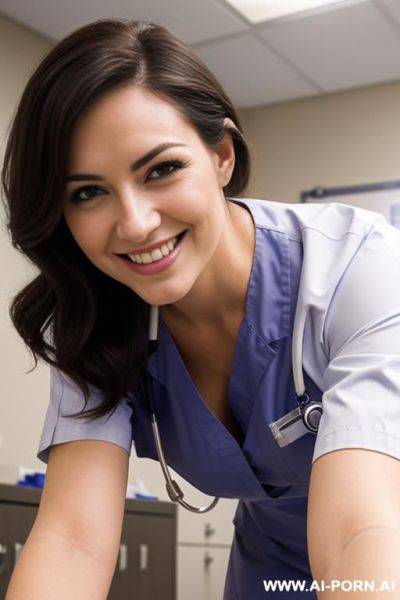 (nurse) (exam room) (scrubs) (close up) (smiling) (bending down) - ai-porn.ai on pornintellect.com