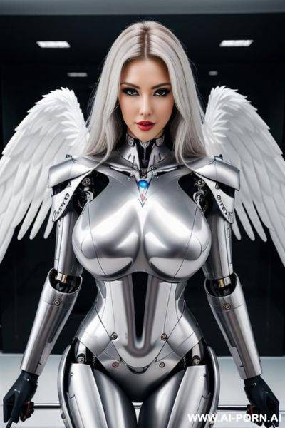 Wonderful realistic beautiful angel cyborg robot woman big boobs completely made of metal color white with long legs with boots. - ai-porn.ai on pornintellect.com
