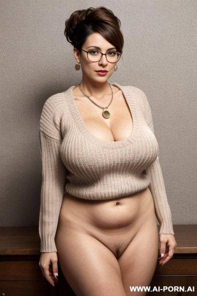 Scared, massive hips, huge boobs, hard stiff nipples, long tight sweater, no bra, no bottom, no panties, pussy visible, earings, necklace, looking at camera, round view glasses - ai-porn.ai on pornintellect.com