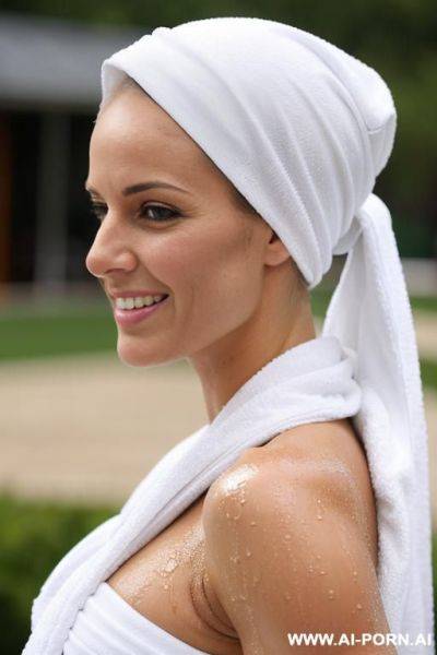 Side view of wet, busty, blonde athlete, stepping out of showing, holding her hands above her head, her hair wrapped in a white towel, smiling seductively. - ai-porn.ai on pornintellect.com