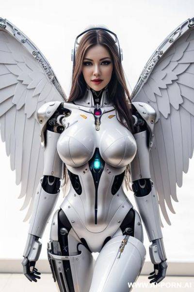 Wonderful realistic beautiful angel cyborg robot woman with large white mechanical wings and big boobs completely made of metal color white with long legs with boots. - ai-porn.ai on pornintellect.com