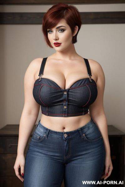 Red checkered crop top shirt, black suspenders, tight blue jeans - ai-porn.ai on pornintellect.com