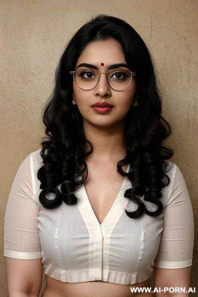 Pale skin, cute, beautiful, indian woman, navel, round glasses, chubby, saree, background ((wall) - ai-porn.ai - India on pornintellect.com