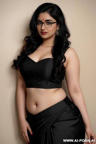 Pale skin, cute, beautiful, indian woman, navel, round glasses, chubby, saree, background ((wall)) - ai-porn.ai - India on pornintellect.com