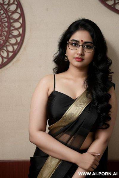 Pale skin, cute, beautiful, indian woman, round glasses, chubby, saree, background ((wall)) - ai-porn.ai - India on pornintellect.com