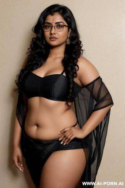 Skin, , beautiful, indian woman, navel, round glasses, chubby, saree reveal, background ((wall) - ai-porn.ai - India on pornintellect.com
