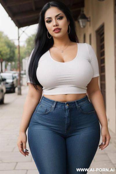 Mexican, wide hips, masterpiece, beautiful, sassy, hourglass figure, tight blue jeans, tight white shirt, heavy makeup, chola, chicana - ai-porn.ai - Mexico on pornintellect.com