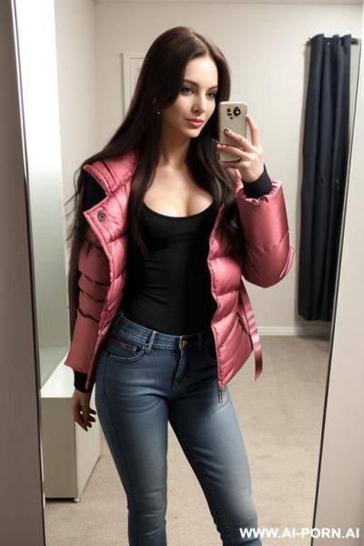 Woman long hair winter jacket jeans selfie photo in the mirror - ai-porn.ai on pornintellect.com