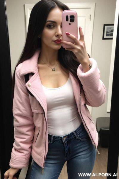 Woman long hair winter pink jacket jeans selfie photo in the mirror - ai-porn.ai on pornintellect.com