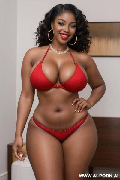 20 year old , beautiful black women, big natural breasts, full breasts, saggy breasts, really saggy , phat ass, thick lips, big smile, red lips, hoop earrings, hourglass figure, toned ass , white thong, - ai-porn.ai on pornintellect.com