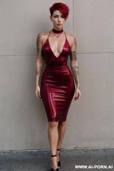 Toned woman. short pixie hair with shaved sides. choker. (no tattoos). - ai-porn.ai on pornintellect.com