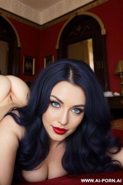 Red glitter lipstick, very long hair, white gorgeous cacked woman , round soft face , sexy pretty body, wearing shoulder-off royal-blue wool nightgown - ai-porn.ai on pornintellect.com