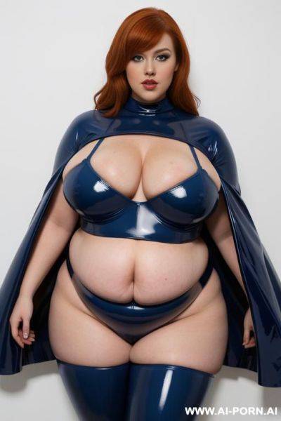 A obese fat heavy ruberdoll with gigantic huge boobs, ginger hair, total enclosure in blue latex catsuit and white latex cape. - ai-porn.ai on pornintellect.com
