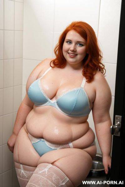 Half-length photo, as a setting in the laundry area, a (((very obese))) fat chubby fat thick and bbw redhead british, she is washing clothes and is soaked in foamy water. she has lovehandless - ai-porn.ai - Britain on pornintellect.com