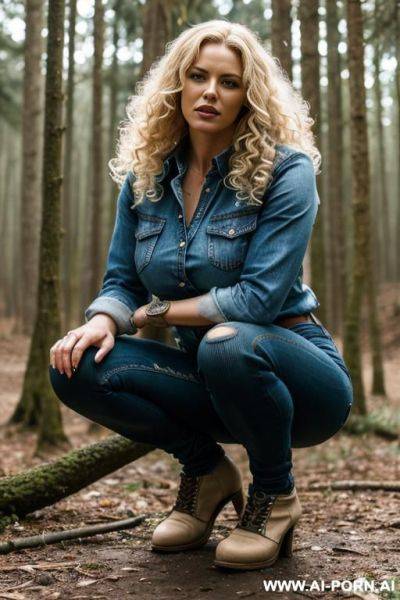German woman, blonde, jeans, edgy chin, curls, squatting in forest, large gap between feet - ai-porn.ai - Germany on pornintellect.com