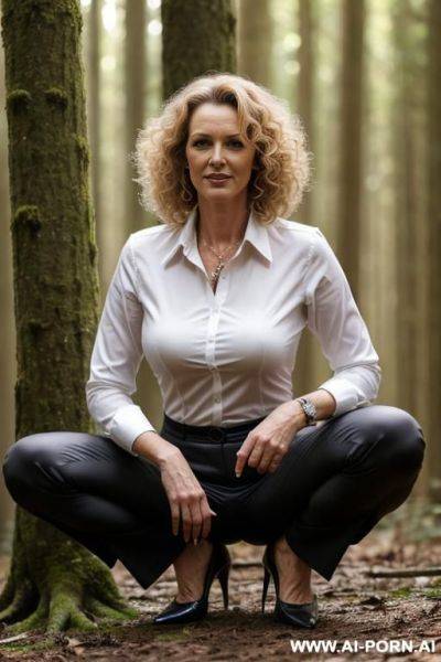 Slender german woman, shirt pants, pointy chin, curls, squatting in forest, spread legs, - ai-porn.ai - Germany on pornintellect.com