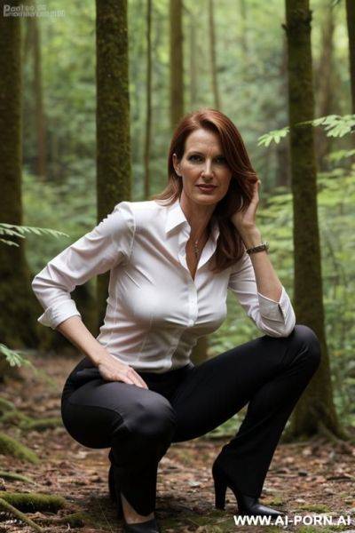 Slender german woman, shirt pants, pointy chin, squatting in forest, spread legs, - ai-porn.ai - Germany on pornintellect.com