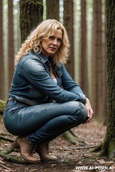 German woman, blonde, jeans, edgy chin, curls, squatting in forest, open feet - ai-porn.ai - Germany on pornintellect.com