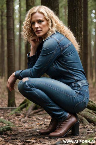 German woman, blonde, jeans, edgy chin, curls, squatting in forest, feet apart - ai-porn.ai - Germany on pornintellect.com