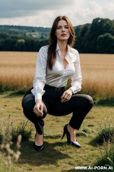 Slender german woman, shirt pants, edgy chin, squatting in field, spread legs - ai-porn.ai - Germany on pornintellect.com