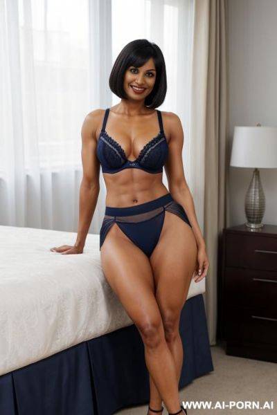 Indian, fit, abs, muscular arms, big ass, tall, long legs, navel piercing, navy blue noodle bra, navy blue pleat skirt, looking at camera, full body, stiletto, in bedroom, sitting, legs open - ai-porn.ai - India on pornintellect.com