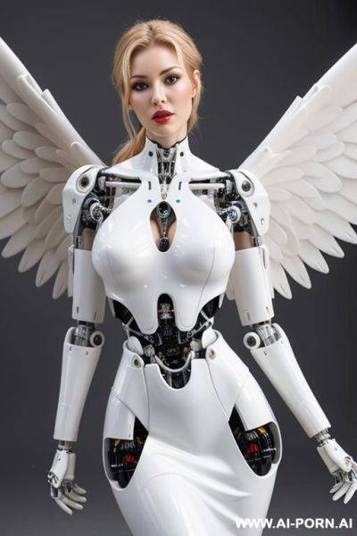 Wonderful detailed real cyborg robot angel with no hands , with a loose white dress in latex - ai-porn.ai on pornintellect.com