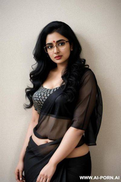 Pale skin, cute, beautiful, indian woman, navel, round glasses, chubby, saree, background ((wall)) - ai-porn.ai - India on pornintellect.com