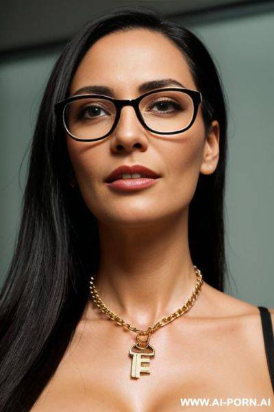 Face of a 3-40 woman, glasses, key hanging from neck on chain - ai-porn.ai on pornintellect.com