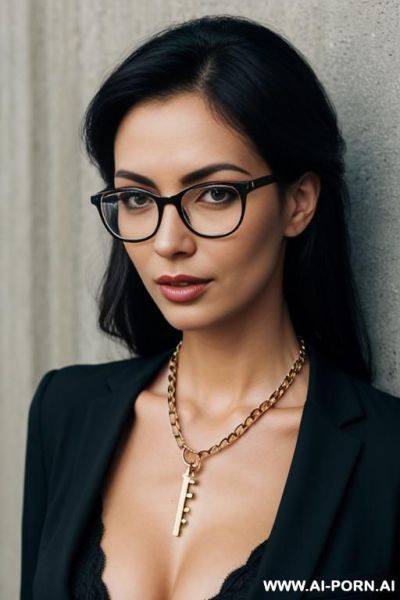 Face of a 3-0 woman, glasses, key hanging from neck on chain - ai-porn.ai on pornintellect.com