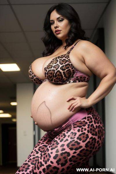 Bbw, thick thighs, massive thighs, massive breasts, massive ass, pink leopard print leggings, pregnant, sports bra - ai-porn.ai on pornintellect.com