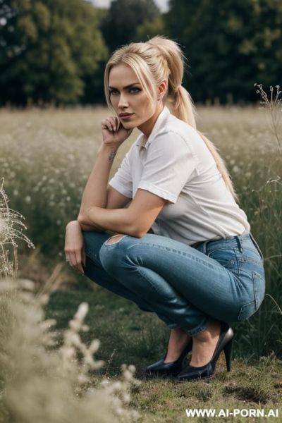 German woman jeans blonde, ponytail squatting in weeds, edgy chin, open legs - ai-porn.ai - Germany on pornintellect.com