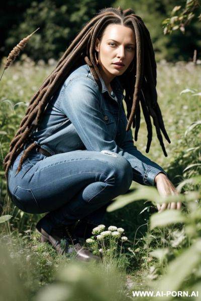 German woman jeans dreadlocks squatting in weeds - ai-porn.ai - Germany on pornintellect.com