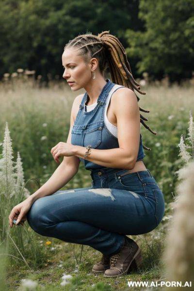 German woman jeans dreadlocks, ponytail squatting in weeds, edgy chin - ai-porn.ai - Germany on pornintellect.com