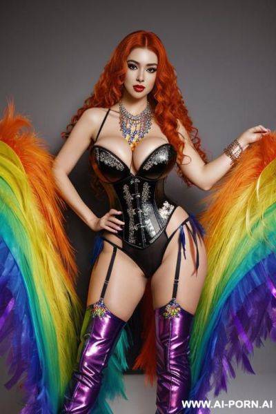 Chinese carnival woman, rainbow feather studed bright diamond transparent corset，feather tutu skirt， mesh robe， rainbow sequin bra ,necklace，rainbow large pointed thigh-high boots - ai-porn.ai - China on pornintellect.com
