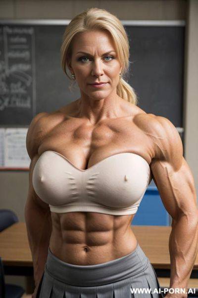 Bigger arms, photo of a strong woman, nude, curvy, whole body, mature cougar, grandmother, gilf, ponytail, looking at the camera, blonde, very hairy pussy, dense blonde pubic hair, stronger arms, - ai-porn.ai on pornintellect.com
